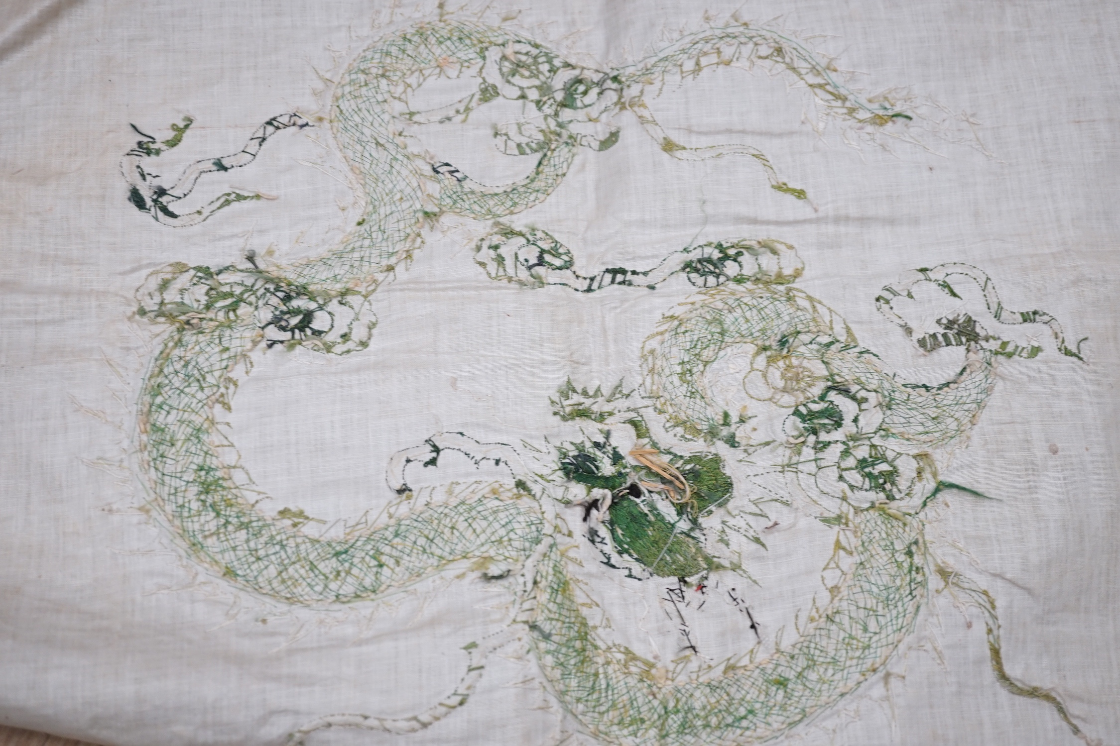 An early 20th century Chinese gold satin panel embroidered with two silk dragons, in couch work, 101cm x 60cm